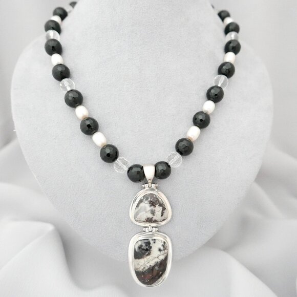 Black Onyx, Clear Quartz & White Pearl Necklace with Double Gemstone Pendant - Picture 1 of 4